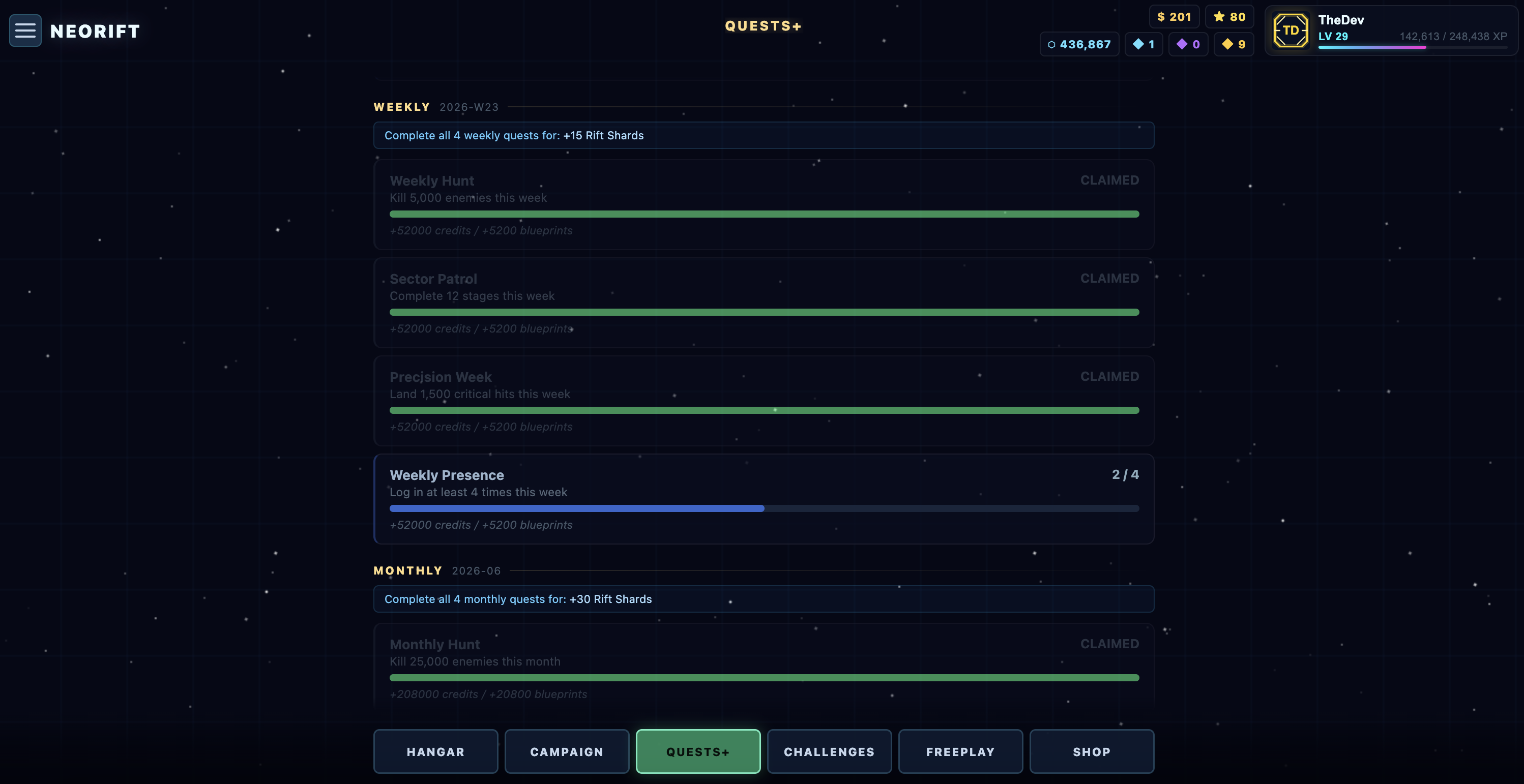 Neorift quests page with weekly and monthly objective progress bars and claimed rewards